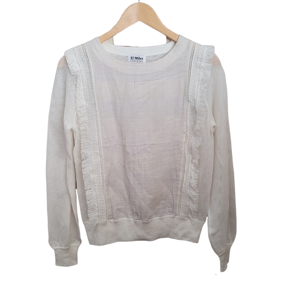 27 Miles Malibu White Linen Cotton Fringe Mesh Sweater Blouse